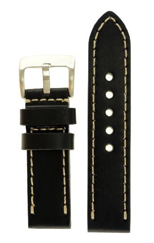 JP Leatherworks Men's M121 22mm Panerai Style Leather Black Watch Band with Heavy Stainless Steel Buckle