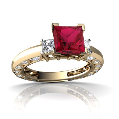 14K Yellow Gold Square Created Ruby Engagement Ring  Size 7