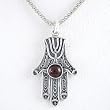 Hamsa Hand Pendant with Garnet Gemstone and Menorah Design in Sterling Silver on 24" Rhodium and Sterling Popcorn Chain, #8386