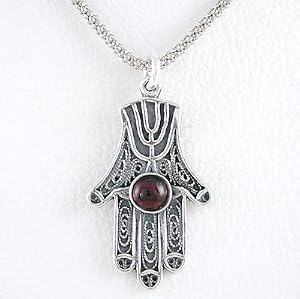 Hamsa Hand Pendant with Garnet Gemstone and Menorah Design in Sterling Silver on 24" Rhodium and Sterling Popcorn Chain, #8386