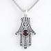 Hamsa Hand Pendant with Garnet Gemstone and Menorah Design in Sterling Silver on 24" Rhodium and Sterling Popcorn Chain, #8386