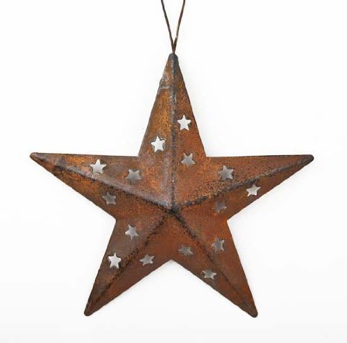 Group of 6 Rusty Tin Patina Star Ornaments with Wire Hangers and Star Shaped Cuouts - 4" Each