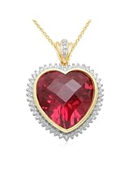 Jewelili 14KT Gold Plated Heart Pendant in Sterling Silver with Created Ruby and 1/5ct Diamond, 18"