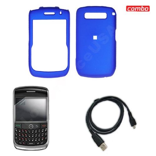 Blackberry Curve 8900 Javelin Combo Rubber Feel Blue Protective Case Faceplate Cover + LCD Screen Protector + USB Data Charge Sync Cable for Blackberry Curve 8900 Javelin