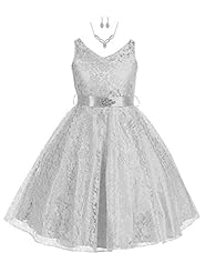 Girls V-neck Tea Length Sleeveless Lace-Up Flower-Girl Dress 