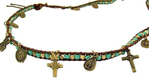 Bronze Tone Crucifix and Saint Charms on Beaded Rope Chain Necklace, 22 Inch