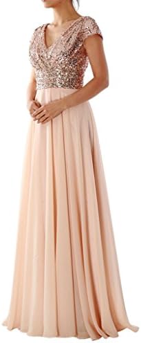 Prommay Women's Formal Cap Sleeve V Neck Sequin Chiffon Long Bridesmaid Dress Size 16 Rose Gold