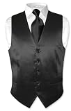 Biagio Men's Solid BLACK SILK Dress Vest NeckTie Set for Suit or Tuxedo
