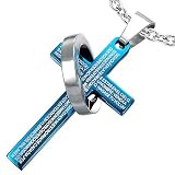 New Men's Anodised Blue Stainless Steel The Lords Prayer Cross Design Ring Link Pendant & Chain - Length 50cms