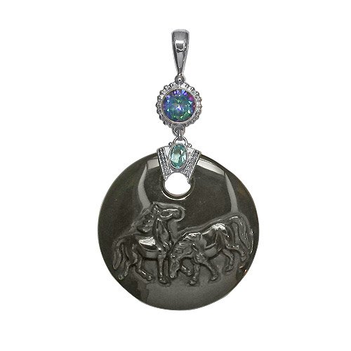 Sterling Silver Rainbow Obsidian Horse, Neptune Topaz and Swiss Blue Topaz Pendant By Sajen
