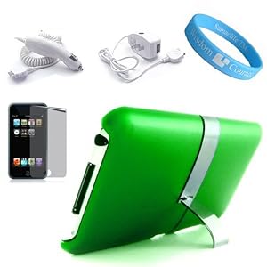 Apple iPod Touch 2nd and 3rd Gen Green Back Cover with Kickstand + Car Charger + Wall Charger + Mirror Screen Protector + Wristband