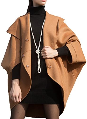 CSY Ladies Slim Fit Shawl Bat Sleeve Trench Coat Khaki Wool Cloak Coat M