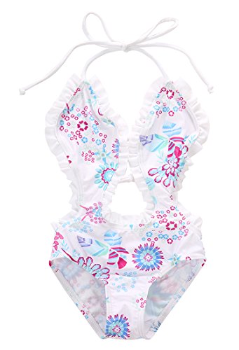 Little Girls Summer One-piece Ruffle Flower Print Halter Backless Swimsuit