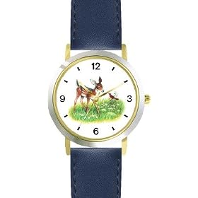 Deer Fawn and Cardinal Bird JP Animal - WATCHBUDDY� DELUXE TWO-TONE THEME WATCH - Arabic Numbers - Blue Leather Strap-Size-Children's Size-Small ( Boy's Size & Girl's Size )