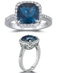 0.33 Cts Diamond & 2.12 Cts London Blue Topaz Ring in 14K White Gold