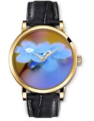 SPRAWL Aanalog Fashion Series Gold Ladies Watches of Genuine Black Leather Strap,Unique Wrist Watch for Women Girls Designed with blue Flower