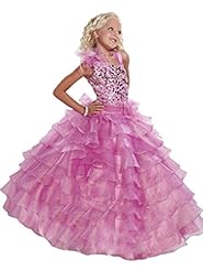 Girls Organza Floor Length  Lace Crystal Sequined Tiered Crystals Feathers  Ball Gown Pageant Dress 