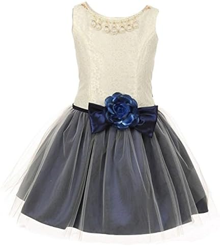 Big Girls Navy Ivory Lace Taffeta Pearl Stone Accent Flower Girl Dress 8