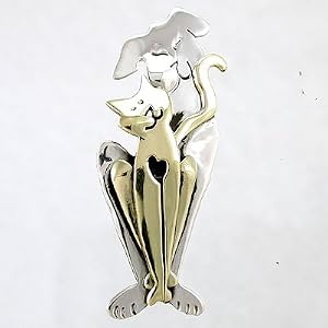 Dog and Cat BEST FRIENDS with Heart Pin or Brooch in Sterling Silver and Brass, #8870