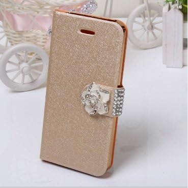 Flip Cover Wallet Case (for iPhone 6): Golden Silky Case with White Magnetic Glittering Camellia Flower Closure Button-Golden