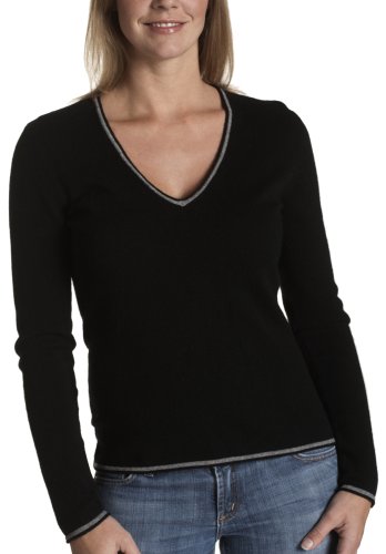 Red Moon Women's Long Sleeve Cashmere Blend Jersey Tipped V-Neck Sweater