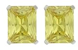 Platinum Plated Sterling Silver 9x7mm Emerald Cut Canary Cubic Zirconia Four-prong Stud Earrings