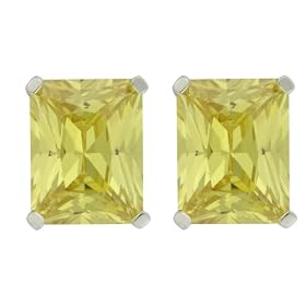 Buy Platinum Overlay Sterling Silver 9x7mm Emerald Cut Canary Cubic Zirconia Four-prong Stud Earrings by Amazon.com Collection