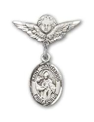 Sterling Silver Baby Badge with St. Januarius Charm and Angel with Wings Badge Pin
