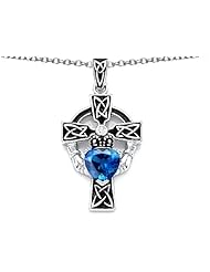 Celtic Love by Kelly (tm) Claddagh Cross pendant with 7mm Heart Shape Simulated Blue Topaz in 925 Sterling Silver