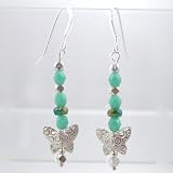 Turquoise Czechoslovakian Glass and Sterling Silver Butterfly Earrings, #9433