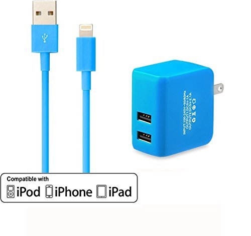 Scable Lightning to USB Charging Cable Cord with 3.1A 15W Dual Port High Speed USB Wall Charger for iPhone 6 6 Plus, 5 5s 5c, iPod touch, iPad Air 4, 2 Mini & IOS 8 - Blue