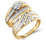 Diamond Engagement Rings Set Wedding Bands Yellow Gold Men Lady .32ct