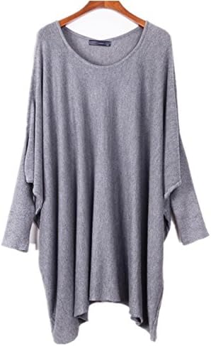 Women's Plus Size Casual Loose Long Sleeve Knit Sweater Batwing Blouse (Grey)