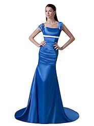 Cap Sleeves Square Neck Natural   Waistline Floor Length Cutout Lace Satin Mermaid Prom Dress  with a Court Train 