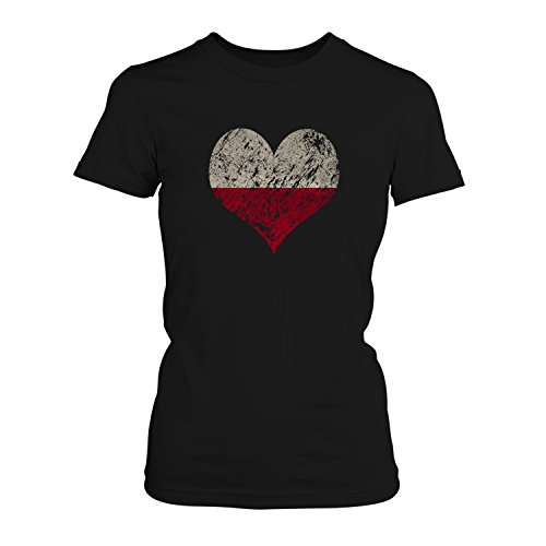 EM 2016 I Love Poland – Damen T-Shirt von Fashionalarm | Shirt für Fußball Fans | Print im Vintage Destroyed Used Look | Europameisterschaft Europameister Trikot Herz Polen, Farbe:schwarz;Größe:XS