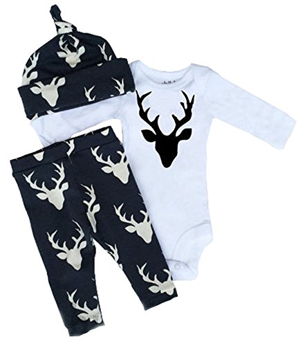 Newborn Infant Baby Girls Boy Deer Tops Bodysuit Long Pants Hat 3pcs Outfits Set