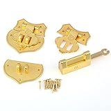 ケースロック　古錠前と留め具セット　木箱の蓋を閉める留め具　取っ手　福字タイプ錠前 　鍵付き　アンティーク調　　金色