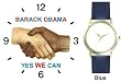 Black & White Handshake - Barack Obama - Yes We Can - President Barack Obama Commemorative - WATCHBUDDY&reg; DELUXE TWO-TONE THEME WATCH - Arabic Numbers - Blue Leather Strap-Size-Large ( Men's Size or Jumbo Women's Size )