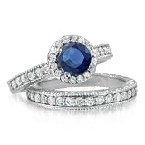 Vintage Inspired Natural Sapphire Diamond Engagement Wedding Ring Bridal Set Platinum Halo Ring (G, SI1, 1.77 cttw), 6mm, Certificate of Authenticity
