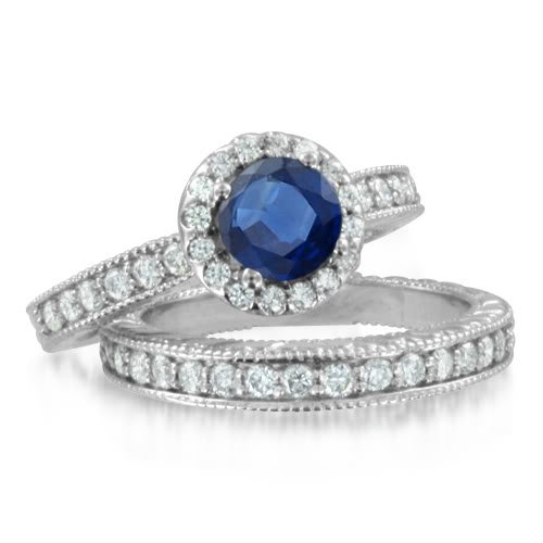 Vintage Inspired Natural Sapphire Diamond Engagement Wedding Ring Bridal Set Platinum Halo Ring (G, SI1, 1.77 cttw), 6mm, Certificate of Authenticity
