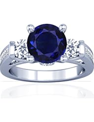 18K White Gold Round Cut Blue Sapphire Ring With Sidestones