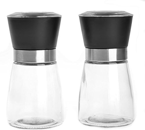 Salt and Pepper Grinder Set of 2 | Black with Stainless Steel | Glass Jar | Ceramic Grinding Mechanism