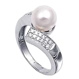 Rhodium Plated Sterling Silver Wedding & Engagement Ring Clear CZ, Pearl Pearl Ring MM ( Size 5 to 10)