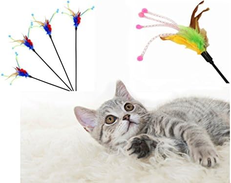 Cat Toys,Linka 4Pcs 50CM Feather Funny Rod,Feather Flower Funny Cat Stick Lever