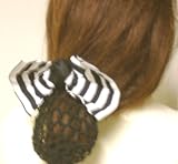 Hand Crocheted Black Rayon Cotton Gimp Dress Snood with Black and White Stripe Taffeta Bow Mounted on French Clip