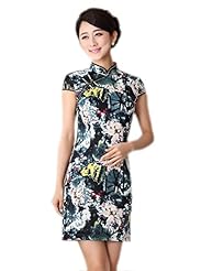 Mandarin Collar General Print Cotton/Linen Mini Dress 