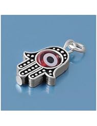 Sterling Silver Hamsa Hand of God Ruby CZ Eye Pendant Charm Pure 925 New 16mm with 1.5mm Ball Bead Chain