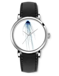 SPRAWL Aanalog Fashion Series Silver Ladies Watches of Genuine Black Leather Strap,Unique Wrist Watch for Women Girls Designed with Simulation of a blue jellyfish