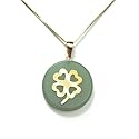 Gold Overlay Sterling Silver Green Chinese Jade Lucky Four-Leaf Clover Disc Pendant