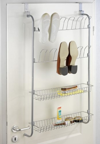 WENKO 4340032100 Multifunktions-T&uuml;rregal - zum Einh&auml;ngen f&uuml;r 6 Paar Schuhe, 2 Ablagek&ouml;rbe, Chrom, 59 x 102.5 x 16 cm